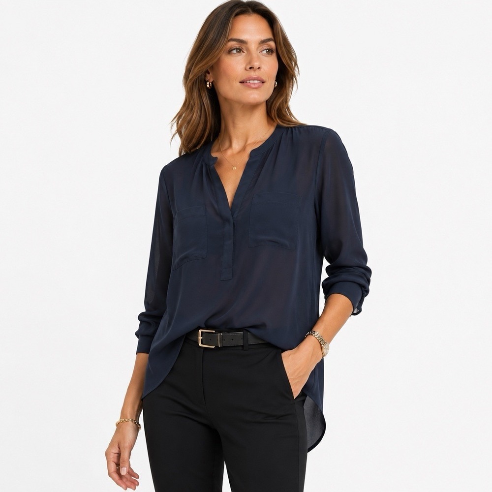 Ann Taylor Womens Medium 100% Silk Navy Popover Blouse Long Sleeve Tunic Top